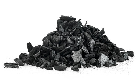 Pile of charcoal particles isolated on a white background, Xylanthrax. Natural wood charcoal.の写真素材