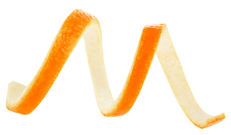 Spiral form of orange skin isolated on a white background. Ripe orange peel.の写真素材