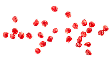 Fresh pomegranate seeds isolated on a white background, top view.の写真素材