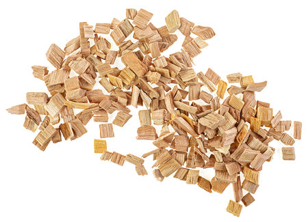Pile of wood smoking chips for soking meat and fish isolated on a white background, top view.の写真素材