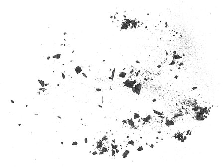 Black coal dust with fragments isolated on white background, top view. Black charcoal particles.の写真素材