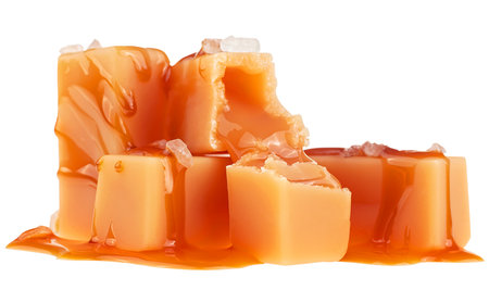 Delicious caramel candies with liquid caramel sauce and salt isolated on a white backgroundの写真素材