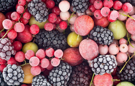 Frozen mixed berries as background, top view. Red currant, white currant, blackberry, gooseberry and black currant.の写真素材