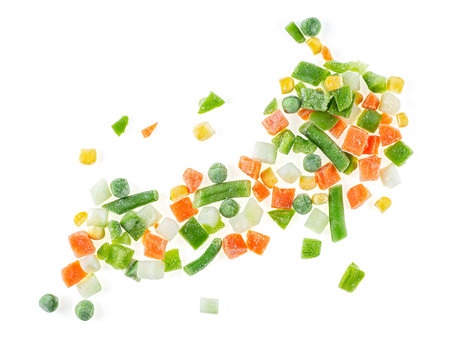 Frozen vegetable mix with beans and corns isolated on a white background, top view.の写真素材