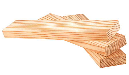 Group of wooden beams isolated on a white background. Pine wooden bars.の写真素材