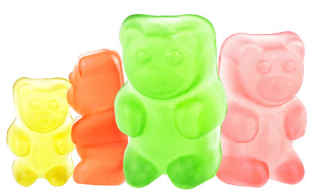Colored jelly gummy bear isolated on a white background. Group of juicy marmalade bears.の写真素材
