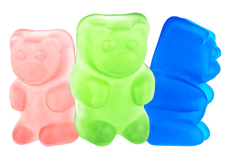 Colored jelly gummy bear isolated on a white background. Group of juicy marmalade bears.の写真素材