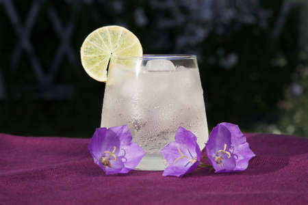 Glass of cold fresh drink with ice and lime, decorated with flowers