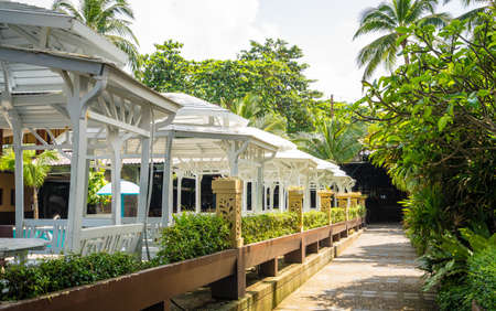 white pavilion and footpath in a tropical resortの写真素材
