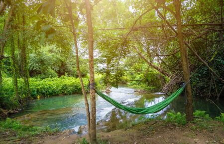 Hammock between two trees near the waterfall in campsiteの写真素材