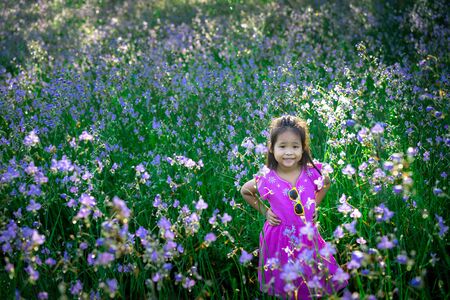 happy little asian girl in crested serpent sweet purple flowers garden fieldの写真素材