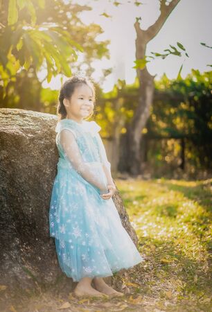 Portrait of cute smiling little girl in princess costume standing beside the rock in the parkの写真素材