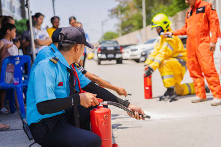 Samutprakan,Thailand - April 21, 2019 : Fire drills for people living in condominiums