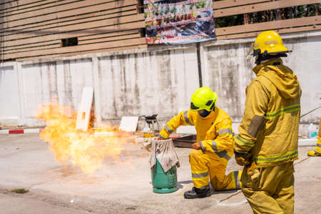 Samutprakan,Thailand - April 21, 2019 : Fire drills for people living in condominiumsのeditorial素材