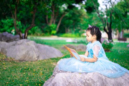 A little cute asian girl in princess costume reading a book sitting in the parkの写真素材