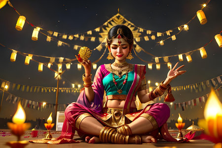 Diwali greeting card showing illuminated diya or clay oil lamp or panti with happy diwali textの素材