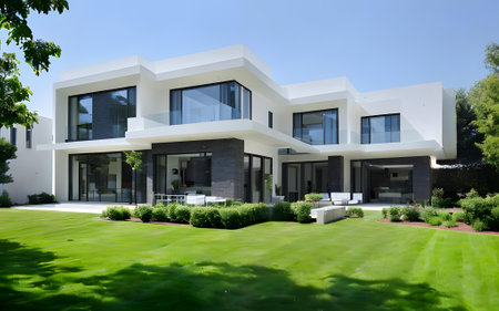 Beautiful contemporary white house with blue skyの素材