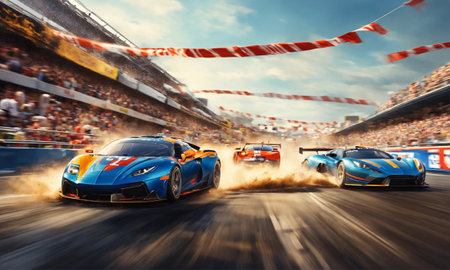 race cars racing at high speed on speed trackの素材