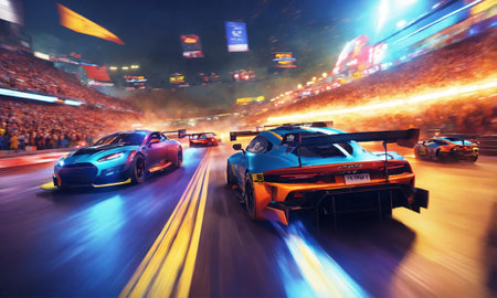 race cars racing at high speed on speed trackの素材