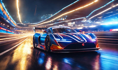 race cars racing at high speed on speed trackの素材