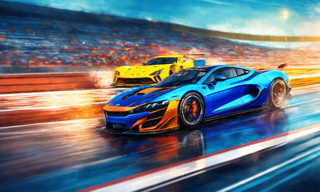 race cars racing at high speed on speed trackの素材