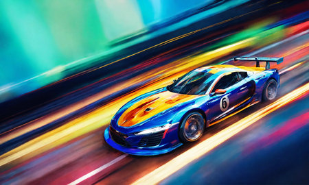 luxury sports car on scene, Fast moving supercar on the streetの素材