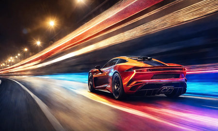 view high speed of a luxury sports car driving on the streetsの素材