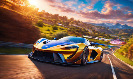 Sports Car Moving At High Speed On Racetrackの素材
