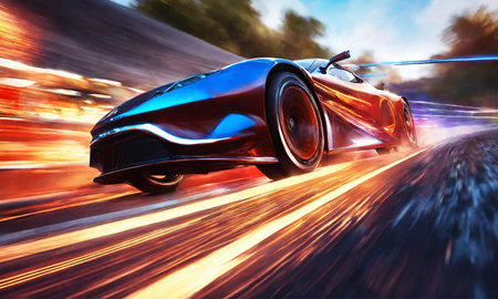 Sports Car Moving At High Speed On Racetrackの素材
