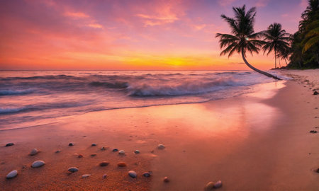 Sea sand sky concept, sunset colors cloudsの素材