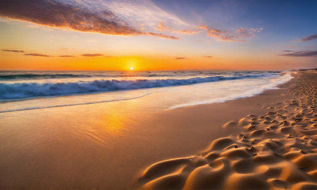 Beautiful tropical sunset scenery White sand, sea view with horizon, colorful twilight sky, calmness and relaxation.の素材