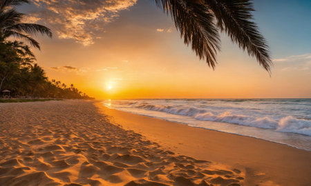 Beautiful tropical sunset scenery White sand, sea view with horizon, colorful twilight sky, calmness and relaxation.の素材