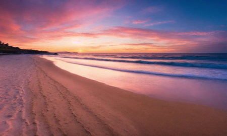 Beautiful tropical sunset scenery White sand, sea view with horizon, colorful twilight sky, calmness and relaxation.の素材