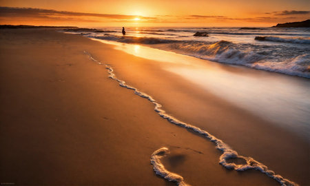 Beautiful tropical sunset scenery White sand, sea view with horizon, colorful twilight sky, calmness and relaxation.の素材