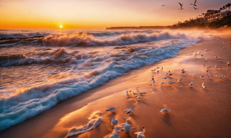 Beautiful tropical sunset scenery White sand, sea view with horizon, colorful twilight sky, calmness and relaxation.の素材