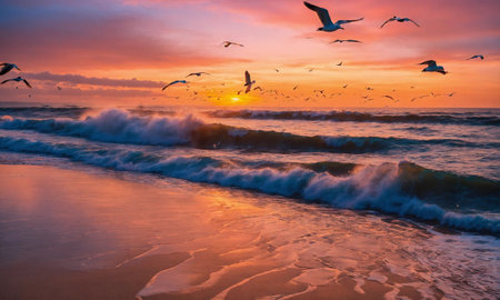 Beautiful tropical sunset scenery White sand, sea view with horizon, colorful twilight sky, calmness and relaxation.の素材