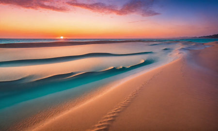 Beautiful tropical sunset scenery White sand, sea view with horizon, colorful twilight sky, calmness and relaxation.の素材
