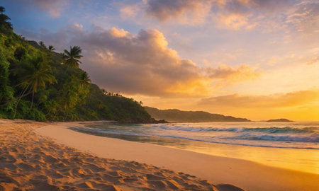 Beautiful tropical sunset scenery White sand, sea view with horizon, colorful twilight sky, calmness and relaxation.の素材