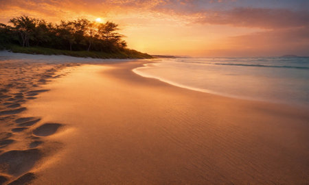 Sunset on the beach. Paradise beach. Tropical paradise, white sand, beach,の素材