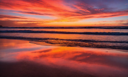 Sunset on the beach. Paradise beach. Tropical paradise, white sand, beach,の素材
