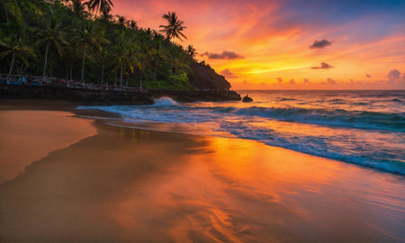 Sunset on the beach. Paradise beach. Tropical paradise, white sand, beach,の素材