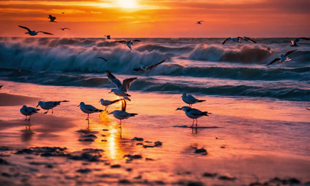 Sunset on the beach. Paradise beach. Tropical paradise, white sand, beach,の素材