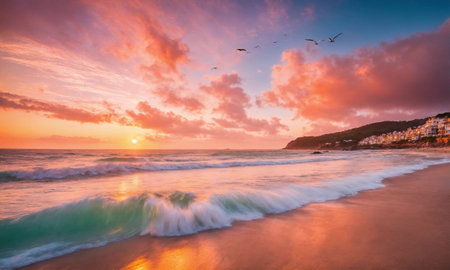 Sunset on the beach. Paradise beach. Tropical paradise, white sand, beach,の素材