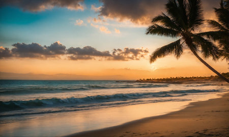 Sunset on the beach. Paradise beach. Tropical paradise, white sand, beach,の素材