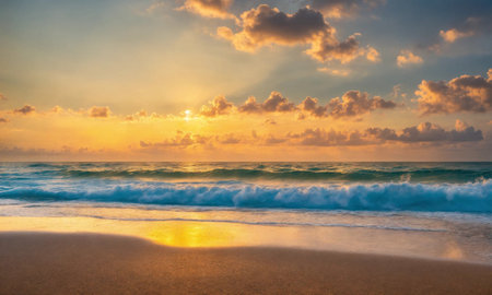 Sunset on the beach. Paradise beach. Tropical paradise, white sand, beach,の素材