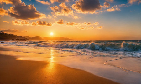 Sunset on the beach. Paradise beach. Tropical paradise, white sand, beach,の素材