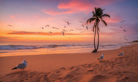 Sunset on the beach. Paradise beach. Tropical paradise, white sand, beach,の素材