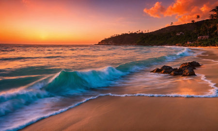 Sunset on the beach. Paradise beach. Tropical paradise, white sand, beach,の素材
