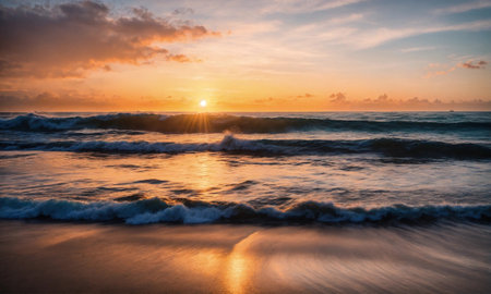 Beautiful tropical sunset scenery White sand, sea view with horizon, colorful twilight sky, calmness and relaxation.の素材