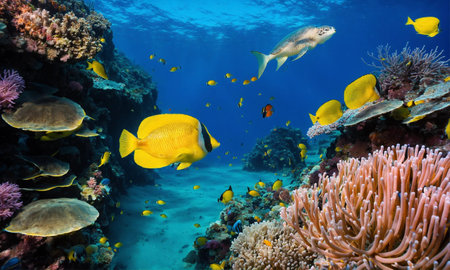 Animals of the underwater sea world. Ecosystem. Colorful tropical fish.の素材